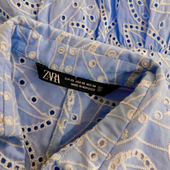 ZARA Embroidered Eyelet Lace Dress Light Blue White Tiered Midi Summer X-Small - Picture 12 of 16